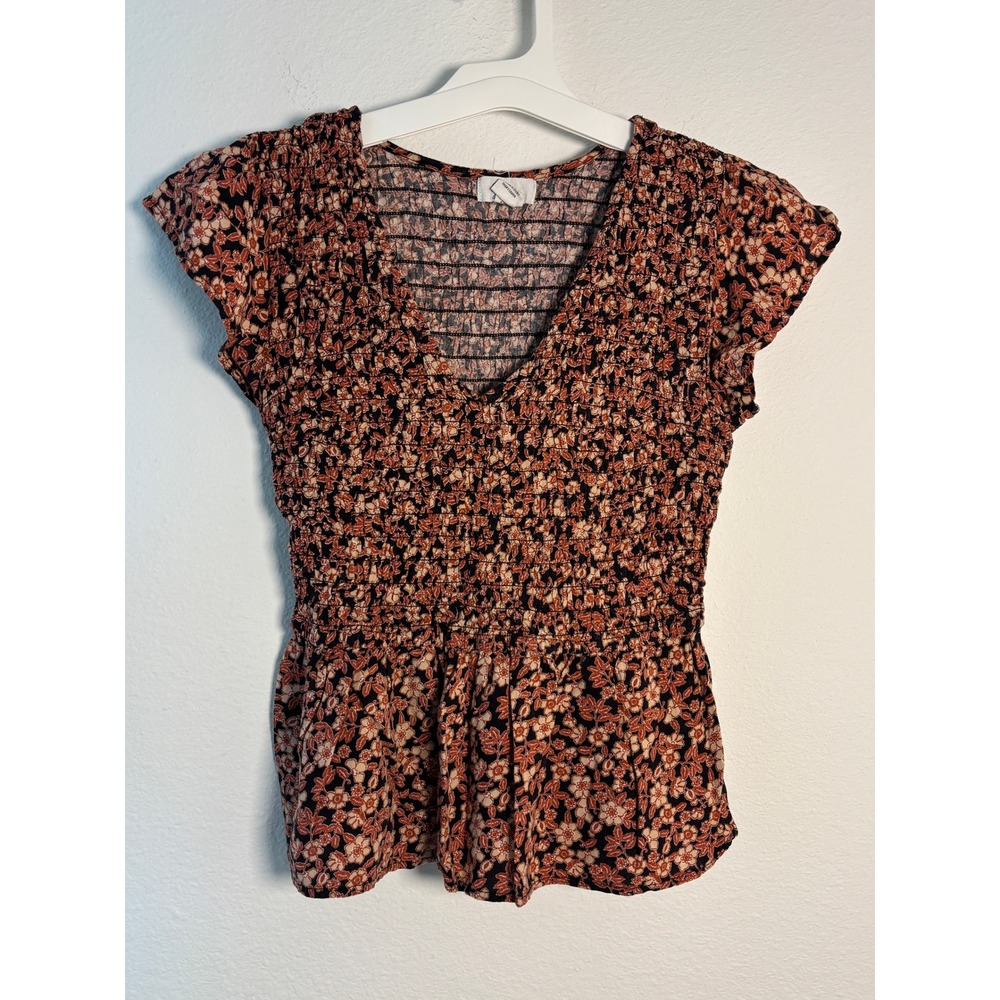 Joyjoy Smocked Floral Peplum Top Coral Navy Blue Ruffle Neck Flutter Sleeve M